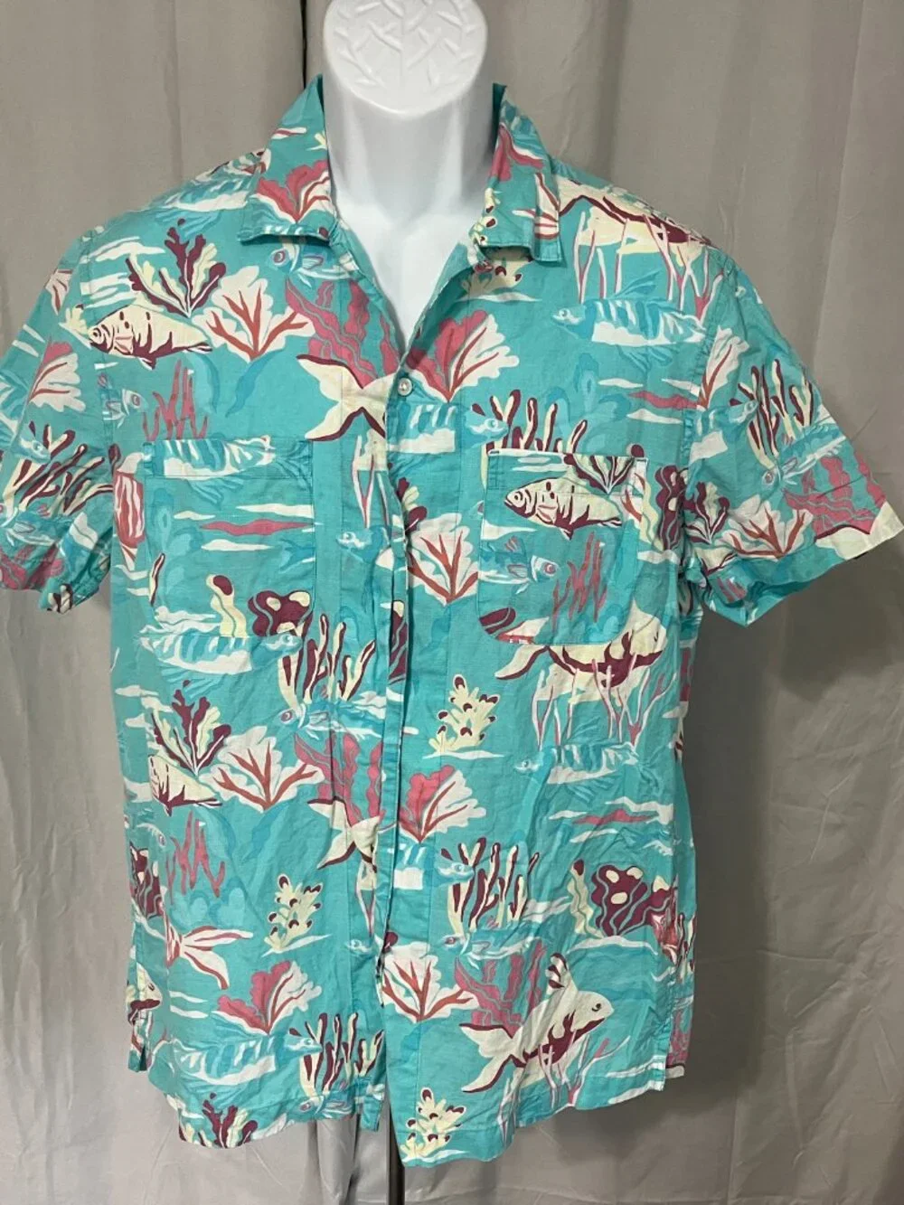 🌴 J.Crew Men’s Loop Collar Hawaiian Shirt M Linen Blend Blue Pink Ivory 🌺